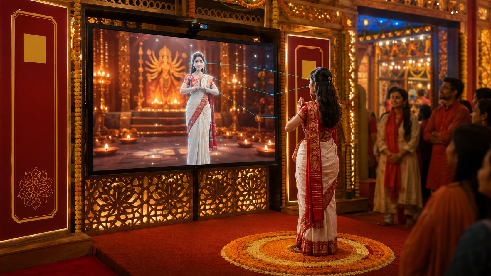 Visitor on a marigold marker performing a Namaste while an avatar mirrors her on a large LED screen inside a Durga Puja pandal