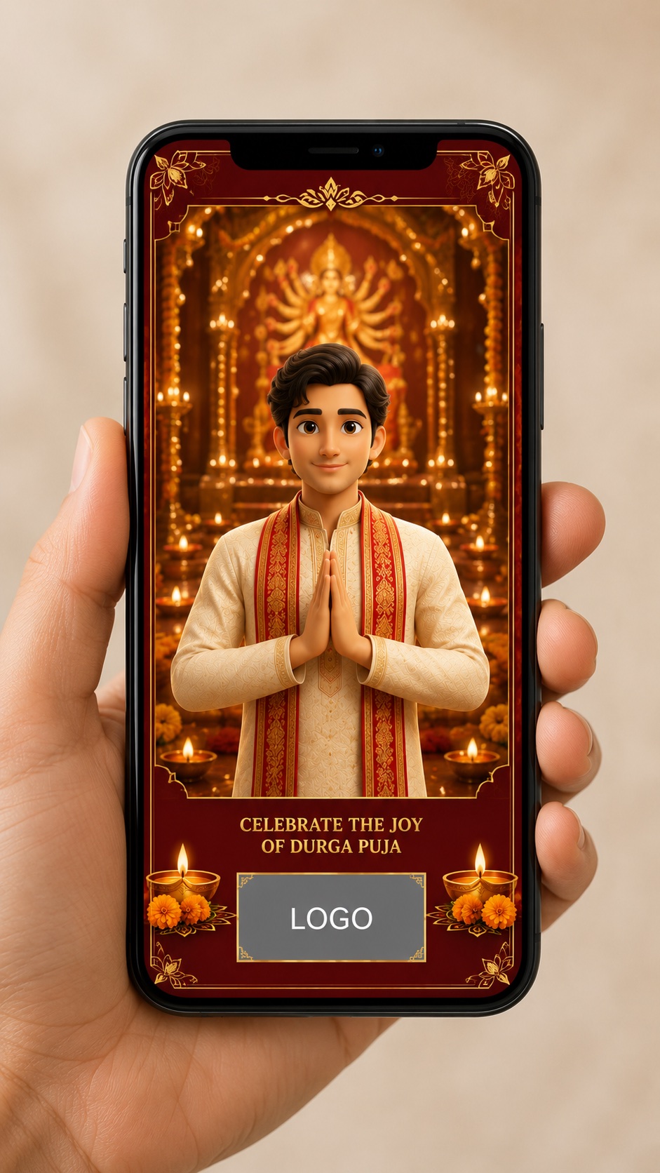 Phone in hand showing a vertical branded Durga Puja video with logo placeholder