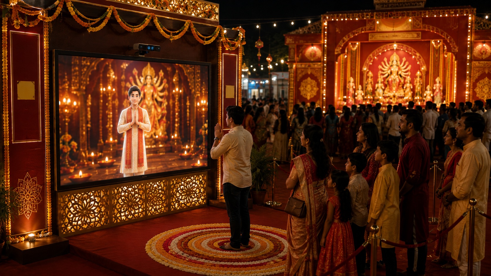 Crowded Durga Puja pandal at night with the glowing branded installation and a queue of families waiting