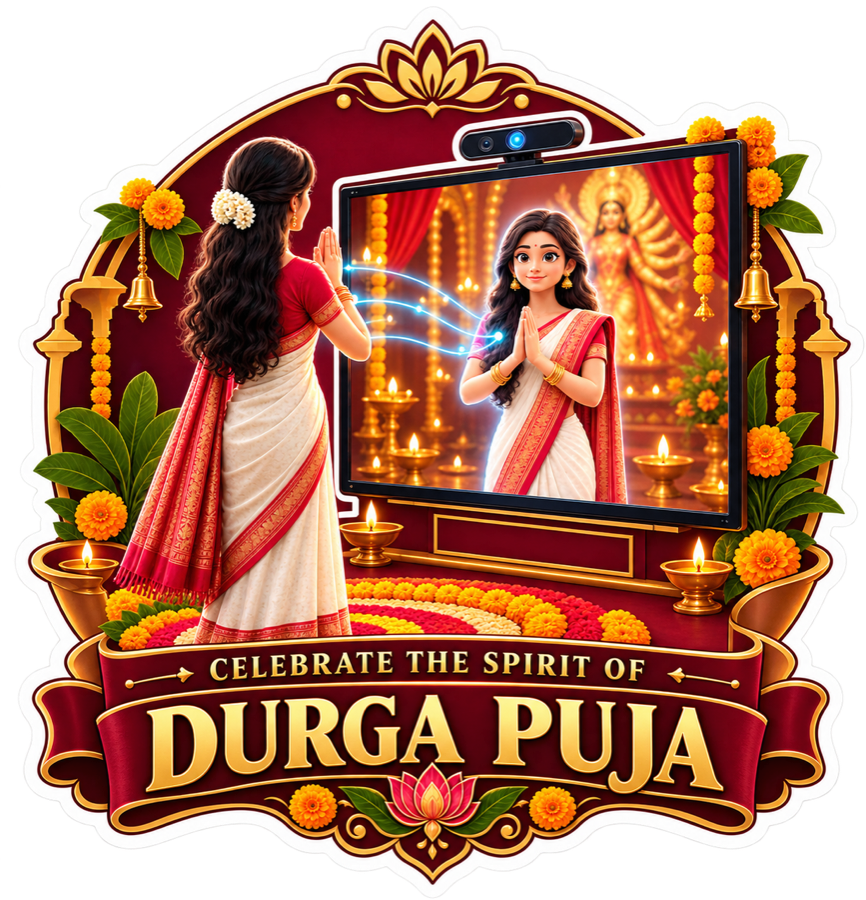 Durga Puja avatar installation illustrated as a gold medallion sticker, with the line Celebrate the Spirit of Durga Puja